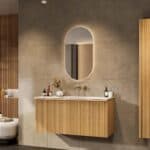 Eiken wastafelmeubel 120 cm met vlak front, binnenlade en geïntegreerde solid surface wastafel