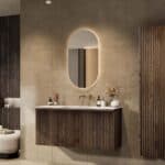 Hangend donker eiken badmeubel 120 cm met vlak front, binnenlade en witte solid surface wastafel