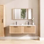 Hangend modern badkamermeubel 140 cm naturel eiken met groevenfront en keramische wastafel