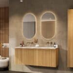 Naturel eiken badmeubel 140 cm met vlak front, binnenlade en dubbele witte solid surface wastafel