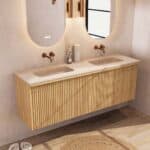 Eiken wastafelmeubel 160 cm met vlak front, binnenlade en dubbele beige limestone wastafel