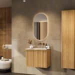 Hangend naturel eiken badkamermeubel 70 cm met vlak front, binnenlade en solid surface wastafel