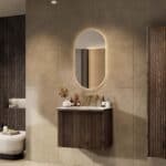Hangend donker eiken wastafelmeubel 70 cm met vlak front, binnenlade en witte solid surface wastafel