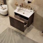 Hangend donker eiken wastafelmeubel 70 cm met vlak front, binnenlade en witte solid surface wastafel