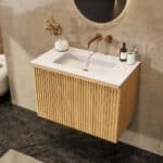 Eiken badkamermeubel 80 cm met vlak front, extra binnenlade en geïntegreerde solid surface wastafel