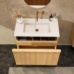 Eiken badkamermeubel 80 cm met vlak front, extra binnenlade en geïntegreerde solid surface wastafel