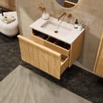 Eiken badkamermeubel 80 cm met vlak front, extra binnenlade en geïntegreerde solid surface wastafel