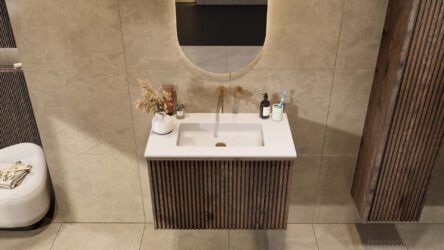 Hangend donker eiken badmeubel 80 cm met binnenlade en witte solid surface wastafel
