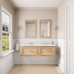 Hangend naturel eiken badmeubel 140 cm met landelijk front en dubbele witte keramische wastafel