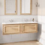 Hangend naturel eiken badmeubel 140 cm met landelijk front en dubbele witte keramische wastafel