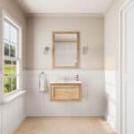 Hangend naturel eiken badmeubel 70 cm met landelijk front en geïntegreerde witte keramische wastafel