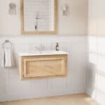 Hangend landelijk eiken badkamermeubel 80 cm met naturel eiken kast en witte keramische wastafel