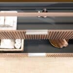 Massief donker eiken badkamermeubel van 120 cm uit de Grooveline-serie, uitgevoerd met twee ruime lades en inclusief een bijpassende keramische wastafel.