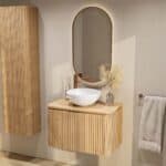 Rond hangend naturel eiken badkamermeubel 80 cm met afgeronde hoeken, groevenfront en eiken wastafelblad