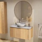 Rond hangend naturel eiken badkamermeubel 100 cm met afgeronde hoeken en mat grijs blad met witte waskom