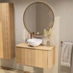 Rond hangend naturel eiken badkamermeubel 100 cm met afgeronde hoeken en eiken blad met witte waskom
