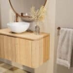Rond hangend naturel eiken badkamermeubel 100 cm met afgeronde hoeken en eiken blad met witte waskom