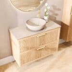 Modern naturel eiken badkamermeubel 100 cm met twee lades en limestone blad met witte waskom