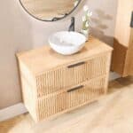 Hangend naturel eiken badkamermeubel 100 cm met twee lades en naturel eiken blad met witte waskom