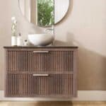 Massief eiken badmeubel 100 cm met ribbelfront, dubbele lade en donker granieten blad met waskom