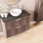 Massief eiken badmeubel 100 cm met ribbelfront, dubbele lade en donker granieten blad met waskom