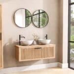 Hangend houten wastafelmeubel 120 cm met één lade en naturel eiken blad met twee waskommen