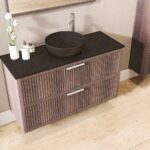 Houten badmeubel 120 cm met twee lades en zwart limestone blad met één keramische waskom