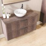 Hangend houten badkamermeubel 120 cm met dubbele lade en donker eiken blad met witte waskom