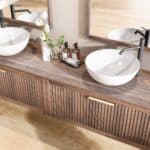 Hangend donker eiken badkamermeubel houten blad 200 cm met één lade, vlak front en eiken blad met witte waskom