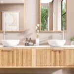 Hangend naturel eiken badkamermeubel 200 cm met één lade en solid surface blad met witte waskom