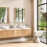 Hangend naturel eiken badkamermeubel 200 cm met één lade en solid surface blad met witte waskom