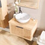 Hangend houten badkamermeubel 70 cm met één lade en naturel eiken blad met witte waskom