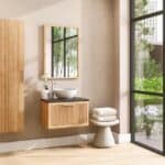 Eiken wastafelmeubel 70 cm met ribbelfront, granieten blad en ronde keramische waskom, hangend