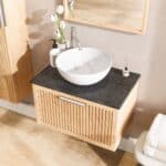 Eiken wastafelmeubel 70 cm met ribbelfront, granieten blad en ronde keramische waskom, hangend