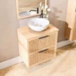 Hangend naturel eiken badkamermeubel 70 cm met twee lades en naturel eiken blad met witte waskom