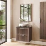 Hangend houten badkamermeubel 70 cm met ribbelfront, dubbele lade en donker granieten blad met waskom
