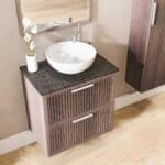Hangend houten badkamermeubel 70 cm met ribbelfront, dubbele lade en donker granieten blad met waskom