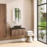 Hangend houten badmeubel 80 cm met één lade en zwart limestone blad met ronde keramische waskom