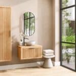 Hangend houten badkamermeubel 80 cm met één lade en naturel eiken blad met witte waskom
