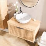 Hangend houten badkamermeubel 80 cm met één lade en naturel eiken blad met witte waskom
