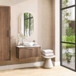 Modern badkamermeubel 80 cm donker eiken met ribbelfront, solid surface en ronde keramische waskom