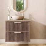 Modern donker eiken badkamermeubel 80 cm met twee lades en limestone blad met witte waskom