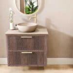 Modern donker eiken badkamermeubel 80 cm met twee lades en limestone blad met witte waskom