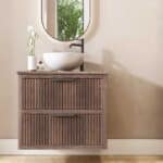 Hangend donker eiken badkamermeubel 80 cm met twee lades en donker eiken blad met witte waskom