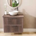 Hangend donker eiken badkamermeubel 80 cm met twee lades en donker eiken blad met witte waskom