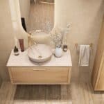 Hangend naturel eiken badkamermeubel 100 cm met enkele lade en limestone blad met witte waskom