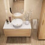 Modern naturel eiken badmeubel 100 cm met één lade en Bianco Carrara marmer blad met waskom