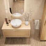 Modern naturel eiken badkamermeubel 100 cm met enkele lade, vlak front en massief eiken blad met witte waskom