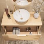 Modern naturel eiken badkamermeubel 100 cm met enkele lade, vlak front en massief eiken blad met witte waskom