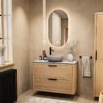 Modern naturel eiken badkamermeubel 100 cm met dubbele lade, vlak front en grijs limestone blad met witte waskom